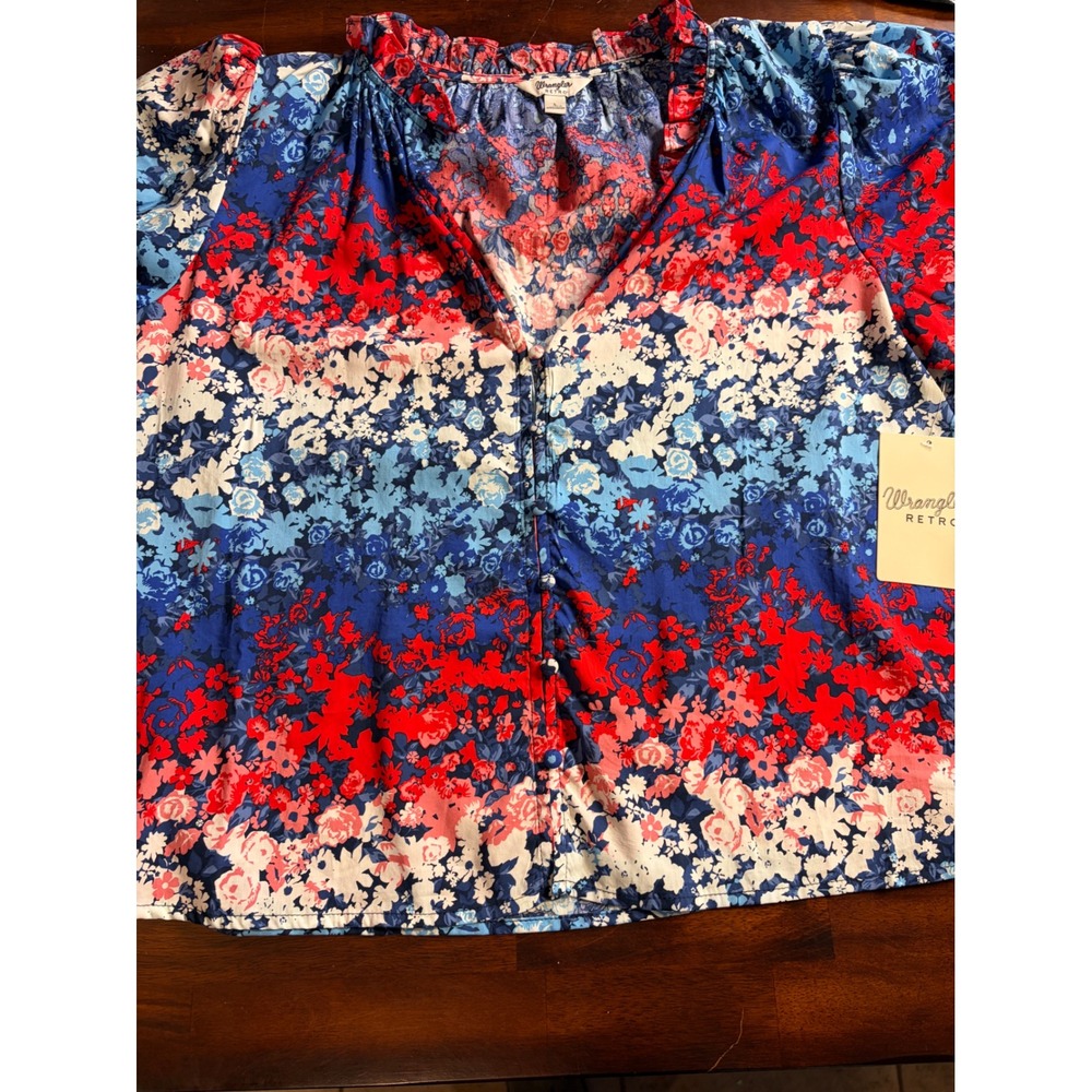 Wrangler Retro Womens Floral Button Front Ruffle Neck Blouse Blue Red White L
